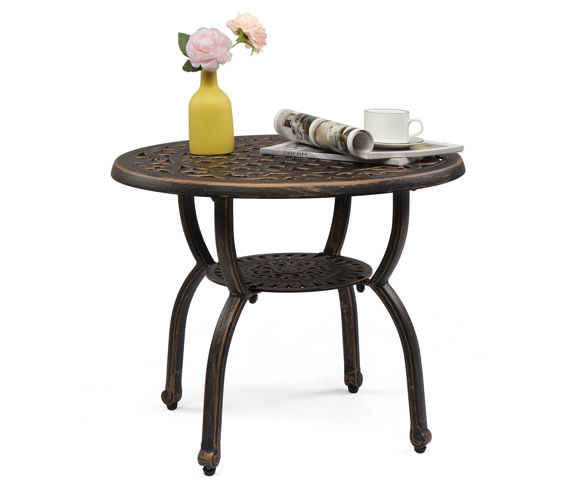 KTMBDW Cast Aluminum Outdoor Round Side Table, Small Patio Table, Outdoor Coffee Tables for Patio, Garden, Balcony for All Weather, Bronze