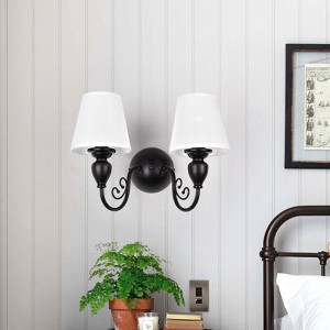 PAKOKULA 2-Light Farmhouse Black Wall Sconce with White Fabric Shade - 1 of 4