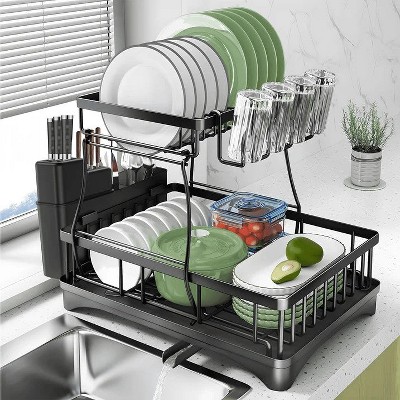 LunaLulinlk 2 Tier Dish Racks for Kitchen Counter, Dish Drying Rack with Dish Drainer, Drain Board with Drainage, Kitchen Organizers