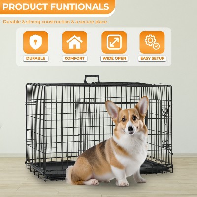 Large Black Metal Wire Dog Crate with Double Doors