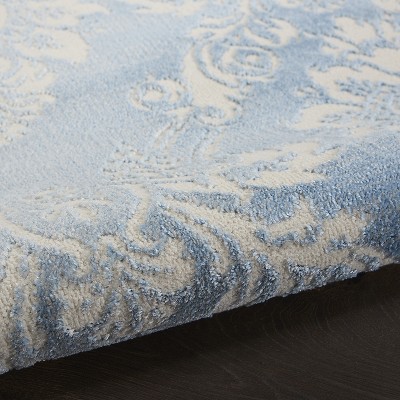 Ivory Blue Floral Damask 5' x 7' Easy-Care Synthetic Area Rug