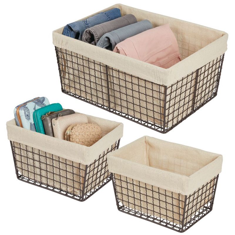 mDesign Metal Household Storage Basket with Fabric Liner, Set of 3, 3 of 9