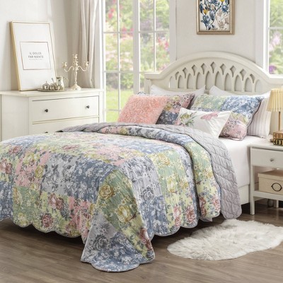Gray Twin Microfiber Reversible Patchwork Quilt Set