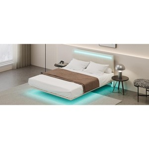 DOMETOUR Modern Upholstered Floating Bed Frame with LED Lights, Vertical Channel Design Velvet Fabric Bed, No Box Spring Needed, Full Size, Beige - 1 of 4