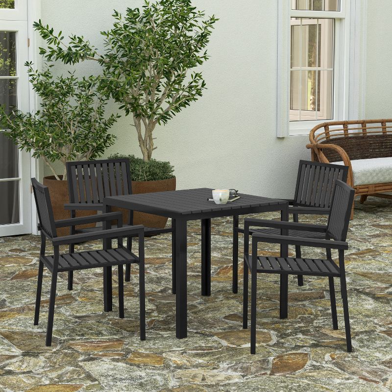 Merrick Lane 5 Piece Indoor/Outdoor Dining Set with Table and Four Chairs with Black Poly Resin Slats, 3 of 14