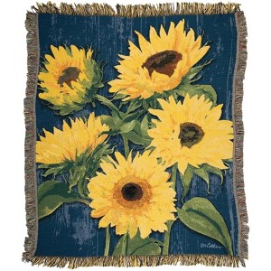 Manual Woodworks and Weavers Farmhouse Sunflower Throw Blanket – Blue Woven Tapestry with Zigzag Floral Pattern - 1 of 3