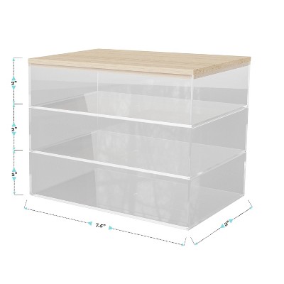 Clear Stackable Plastic Organizer Bins with Light Wood Lid, 3 Pack