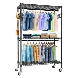 LIVAREEmlen Heavy Duty Clothes Rack with Wheels,3 Tiers Adjustable Wire Shelving Clothes Rack with 2 Clothes Rails and Side Hooks,Black - 1 of 4