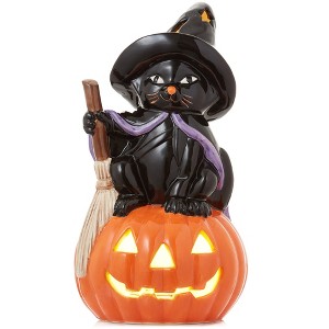Casafield Ceramic Halloween Black Cat on Pumpkin, Hand Painted 13-Inch Pre-Lit LED Jack-o-Lantern Pumpkin Tabletop Decor - 1 of 4
