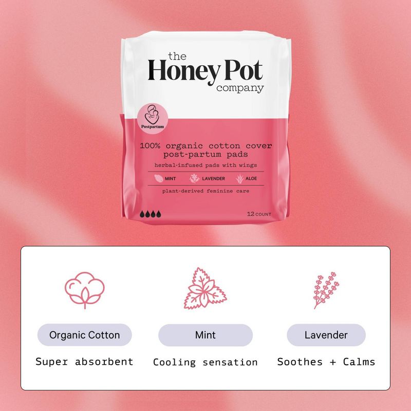 The Honey Pot Company, Herbal Post-Partum Pads with Wings, Organic Cotton Cover - 12ct, 5 of 11