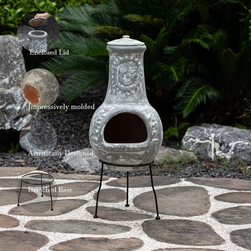 Vintiquewise Outdoor Clay Chiminea Fireplace Sun Design Wood Burning Fire Pit with Sturdy Metal Stand, Barbecue, Cocktail Party, Cozy Nights Fire Pit, 5 of 8