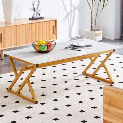 CAVINAS Coffee Table with Slate Top, Rectangular Living Room Furniture, Modern Metal Coffee Table for Living Room, Bedroom