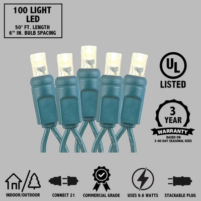 Warm White LED Christmas Tree Lights with Green Wire, 50 Feet