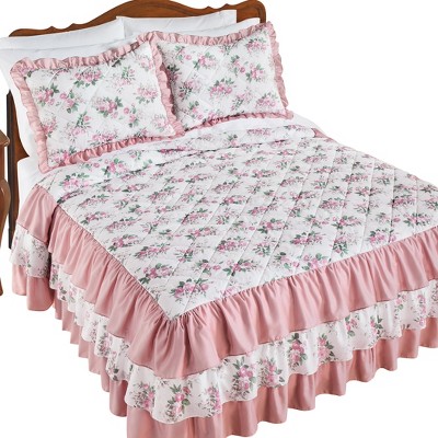 Collections Etc Lovely Rose Triple Ruffle Border Quilt-top Bedspread ...