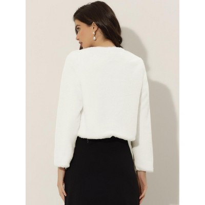 INSPIRE CHIC Women's Long Sleeve Open Front Cropped Winter Faux Fur Jacket Small White — фото 3