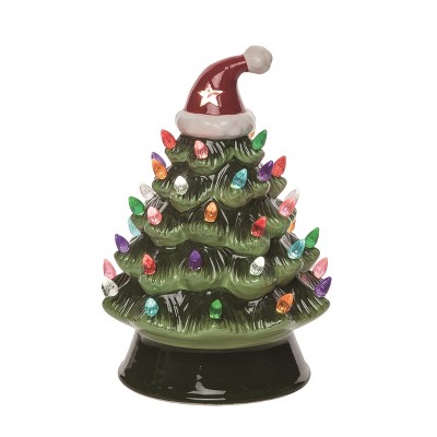Transpac Ceramic 10.5 in. Multicolor Christmas Light Up Retro Tree with Santa Hat Decor