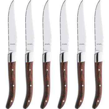 Amefa Royal Steak Knives, Set of 6, Hardened Stainless Steel, Triple Rivet Pakka Wood Ergonomic Handle Design, Serrated Edge 4 Inch Blade Steak Knife