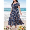 Agnes Orinda Women's Plus Size Floral Tie Notched Neck Puff Short Sleeve Side Slit A Line Maxi Dress - 3 of 4