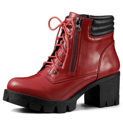 BLISSFUL STEP Women's Round Toe Chunky Heel Lug Sole Lace Up Zipper Combat Boots