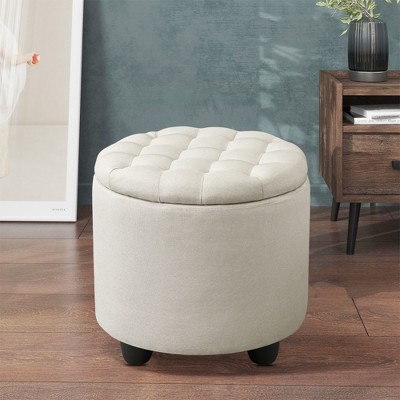 JUJABU Modern Round Storage Ottoman with Button Tufted Linen Upholstery and Removable Lid for Bedroom, Living Room or Vanity