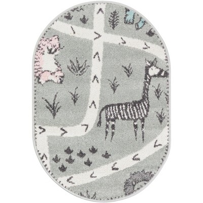 Gray Oval Kids Jungle Animals Stain-Resistant Rug
