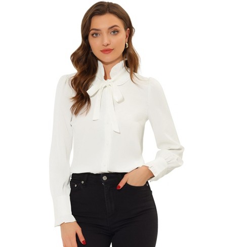 Women's Long Sleeve Blouses Tie Neck Lantern Sleeve Ruffle Trim Top Regular  Fit Shirt for Work : : Clothing, Shoes & Accessories