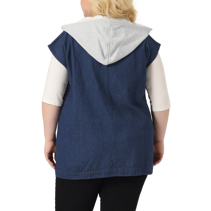 Agnes Orinda Women's Plus Size Denim Button Down Drawstring Hood Utility Long Jean Vests, 4 of 6