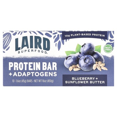 Laird Superfood Protein Bar + Adaptogens, Blueberry + Sunflower Butter, 10 Bars, 1.6 oz (45 g) Each