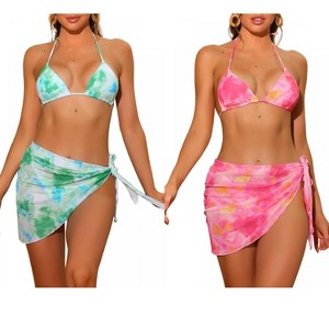 INSPIRE CHIC Women's Dye Halter Tie Triangle Swimsuits with Sarong Cover Ups Beach Skirt Bikini 2 Set - 1 of 4