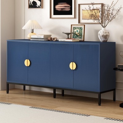 63"W Exquisite Vertical-Striped Sideboard with Metal Legs and Semi-Circular Handles, 4-Door Storage Cabinet with Adjustable Shelves -ModernLuxe