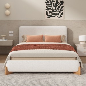 TiramisuBest King Size Linen Upholstered Bed Frame with Built-In LED Lights and Storage Shelves, Modern Design, Grey - 1 of 4