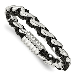 Black Bow Jewelry 10.75mm Stainless Steel & Black Leather Polished Link Bracelet, 8.5 In - 1 of 4