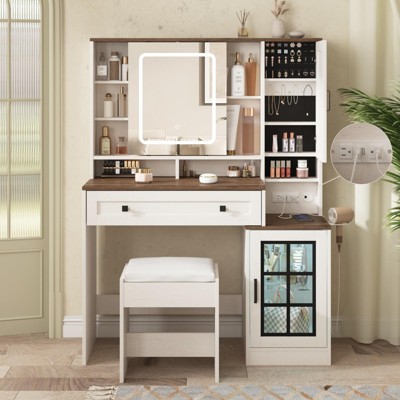 Makeup Vanity Table with 3 Lighting Modes, Charging Station & Visual Cabinet