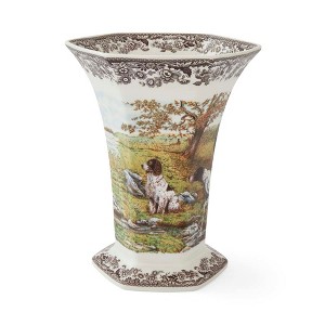 Spode Woodland 10.6-inch Hexagonal Vase, Hunting Dog Porcelain Centerpiece with British Flowers Border – Decorative Mantel & Entryway Accent - 1 of 4