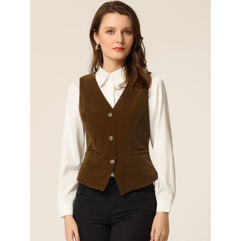 Allegra K Women's Steampunk Velvet Sleeveless Button Down V-Neck Suit Vest, 2 of 6
