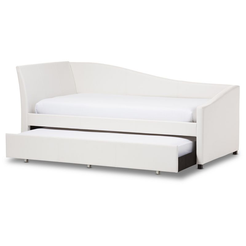 Twin Vera Modern and Contemporary Faux Leather Upholstered Curved Sofa Daybed with Roll Out Trundle Guest Bed White - Baxton Studio, 3 of 11