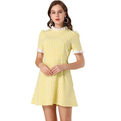 Allegra K Women's Summer Ruffle Neck Lace Panel Short Sleeve Check Gingham Dress