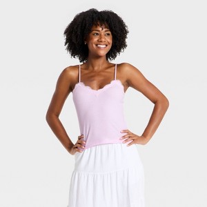 Women's Modern Ribbed V-Neck Lace Cami Top - A New Day™ Pink M