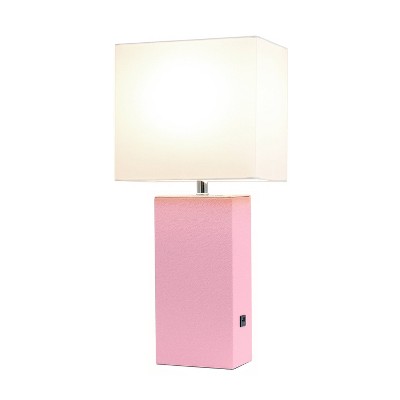 Modern Leather Table Lamp with USB and Fabric Shade Pink - Elegant Designs