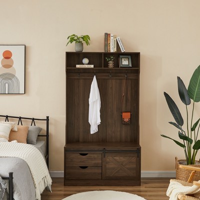 Okak Farmhouse Hall Tree with 2 Drawers and Sliding Barn Door, Coat Rack with 4 Hooks and Shoe Bench, Coat Stand for Entryway, Hallway, Brown