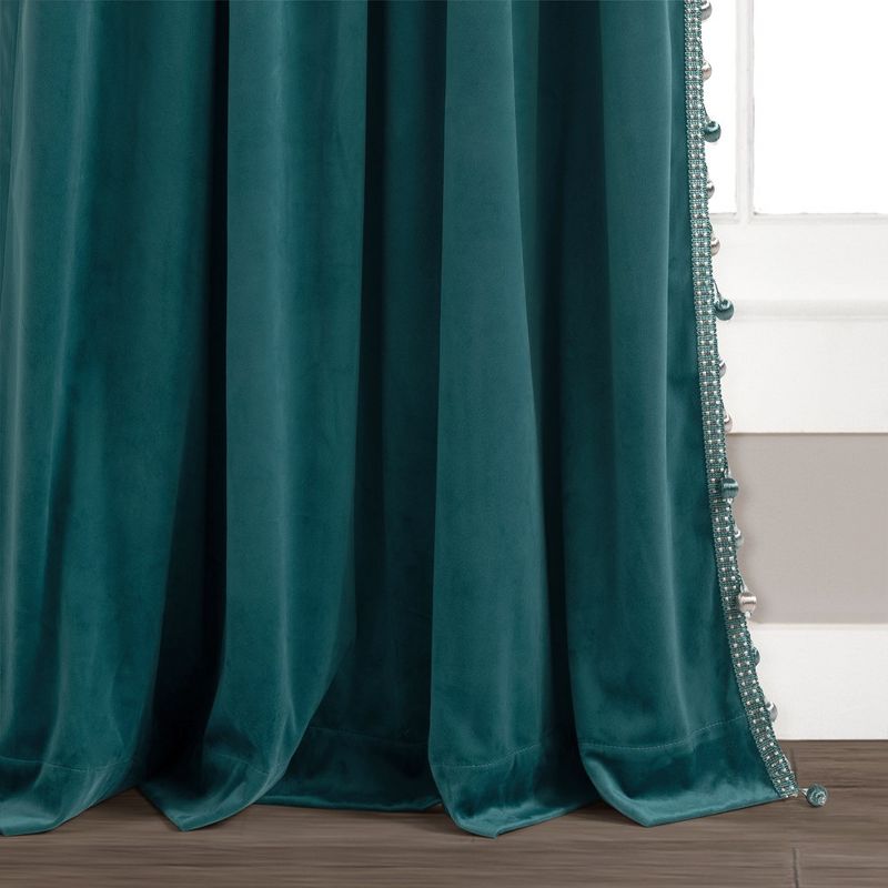 Luxury Vintage Velvet With Silky Pompom Trim Window Curtain Panel Blue Single 52X84, 4 of 5