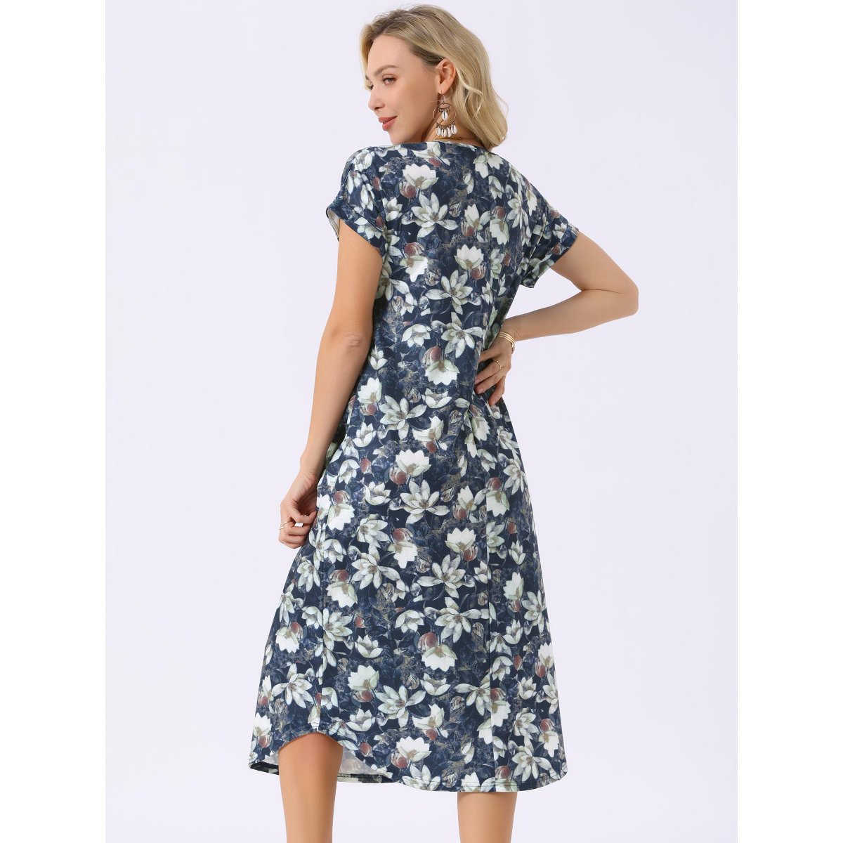 Женские платья INSPIRE CHIC Women's Floral V Neck Rolled Short Sleeve with Pockets Casual Midi Dress Dark Blue Small — фото 4
