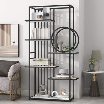 6 Tiers Home Office Bookcase Open Bookshelf with Black Metal Frame Storage Large Bookshelf Furniture, Vintage Industrial-The Pop Home