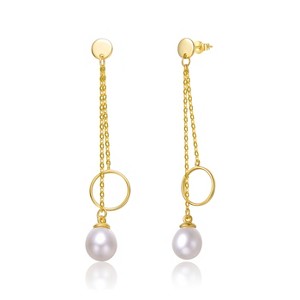 Guili Sterling Silver 14K Yellow Gold Plated Earrings with White Freshwater Pearl & Eternity Circle, Asymmetrical Double Linear Drop Design - 1 of 2