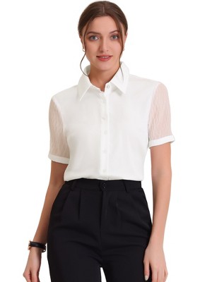 Allegra K Women's Sheer Short Sleeve Point Collar Work Button Down Shirt  White Small : Target