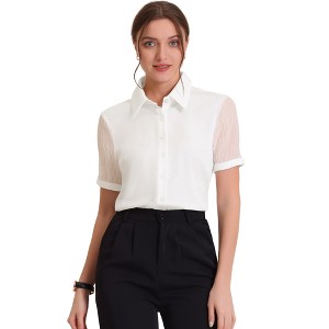 INSPIRE CHIC Women's Sheer Short Sleeve Point Collar Work Button Down Shirt - 1 of 4