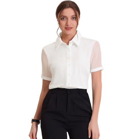 Women's Short Sleeve Button Down Collar Shirt, White