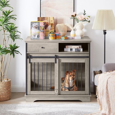 GustoWave 35'' Large Dog Crate Furniture, Dog Kennel Furniture with Removable Divider and Shelf Storage, Grey