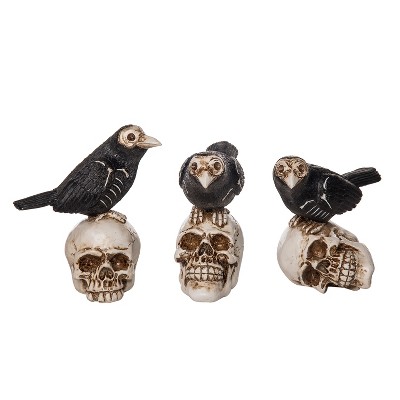 Transpac Resin Crows On Skull Figurine Set of 3 Halloween Home Decorations