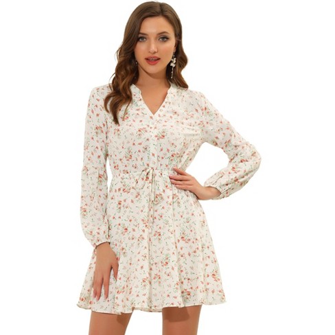 Allegra K Women's Floral Print Button Front Puff Sleeve Tie Waist Shirt  Dress White X-Small